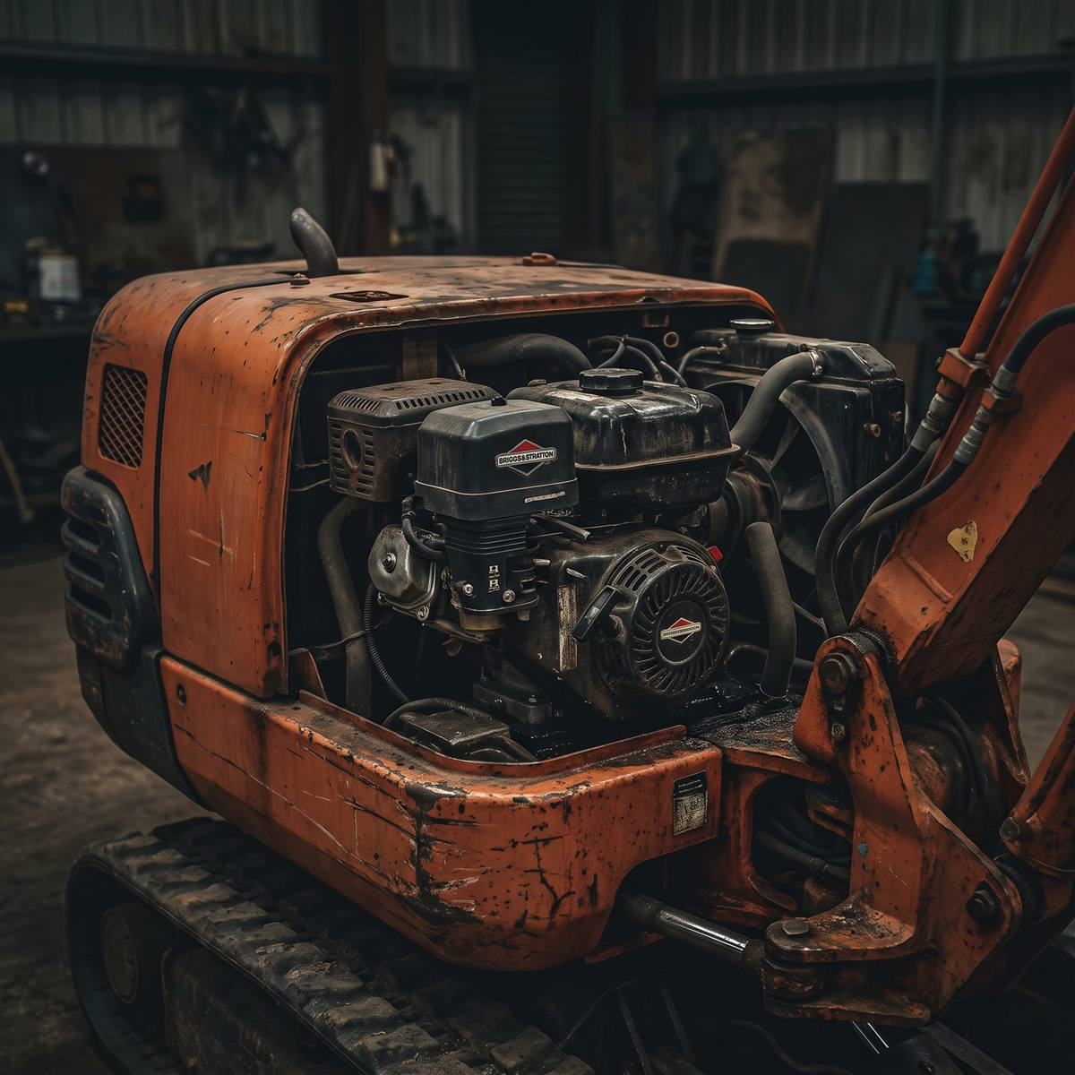 Briggs and Stratton gas engine inside the open engine bay of an orange Chinese mini excavator