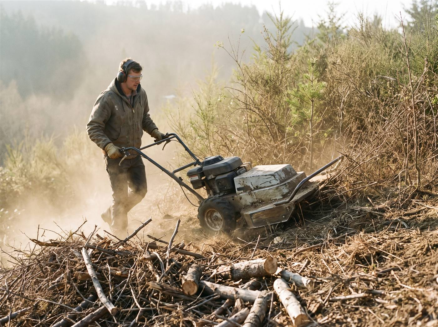 A worker in eye and ear protection pushing a walk-behind brush mower through dense dry brush on a slope, with cut branches piled in the foreground