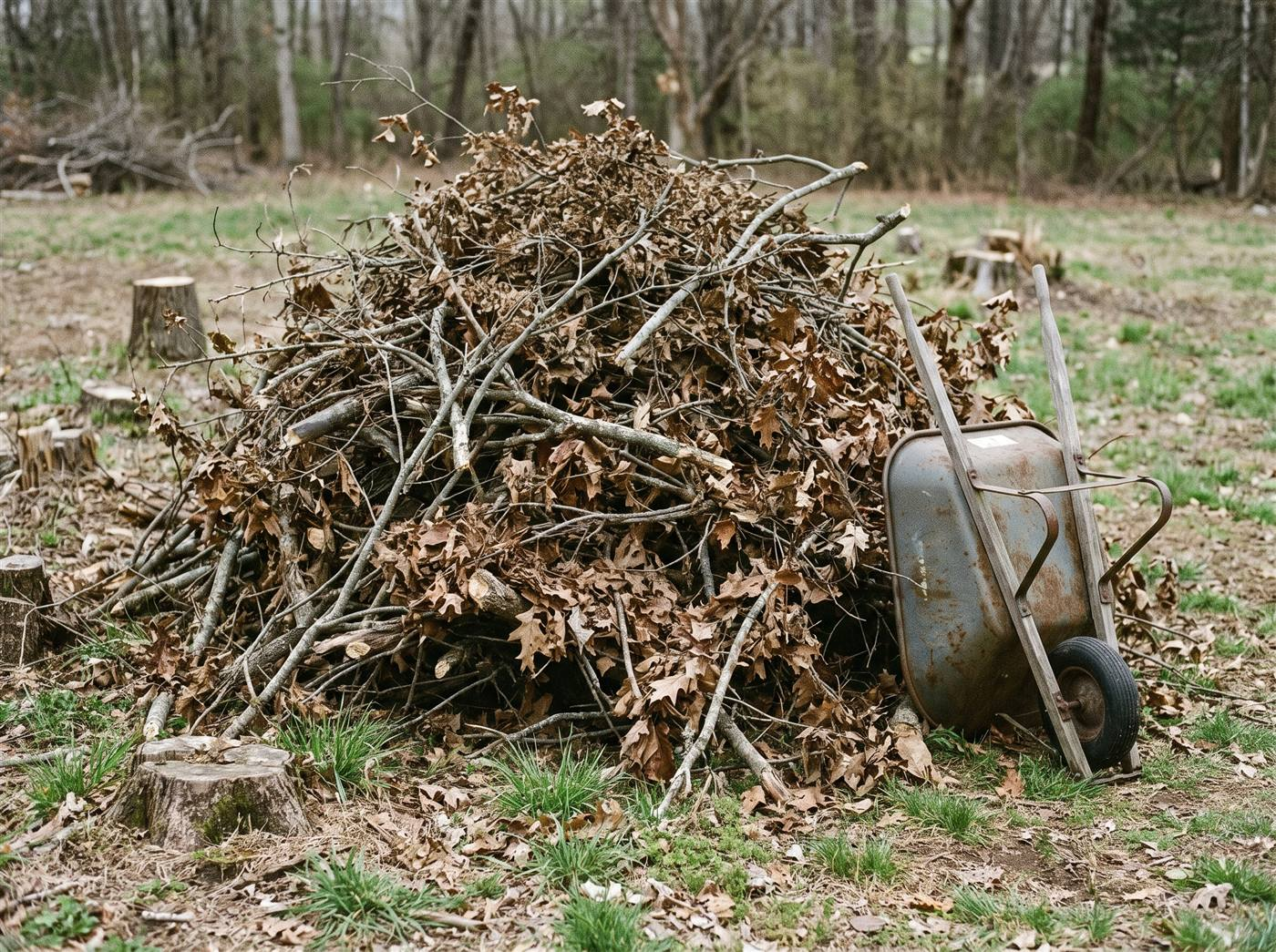 A large pile of cut branches and dry leaves beside a wheelbarrow in a cleared area dotted with fresh stumps
