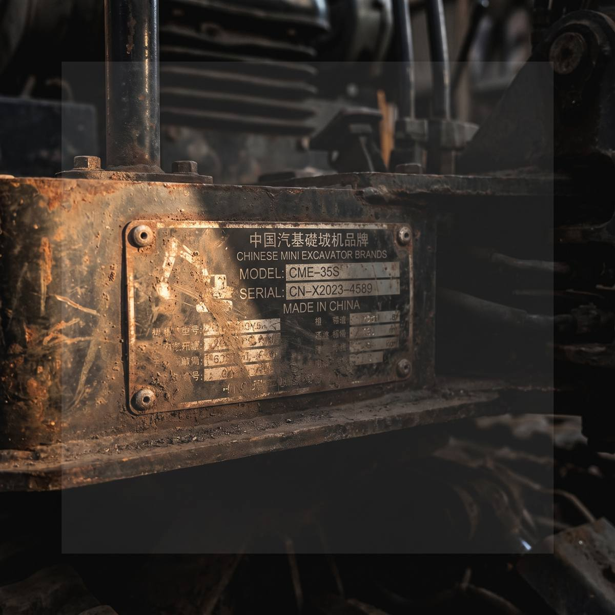 Weathered data plate on a Chinese mini excavator showing model CME-35S, serial number and Made in China