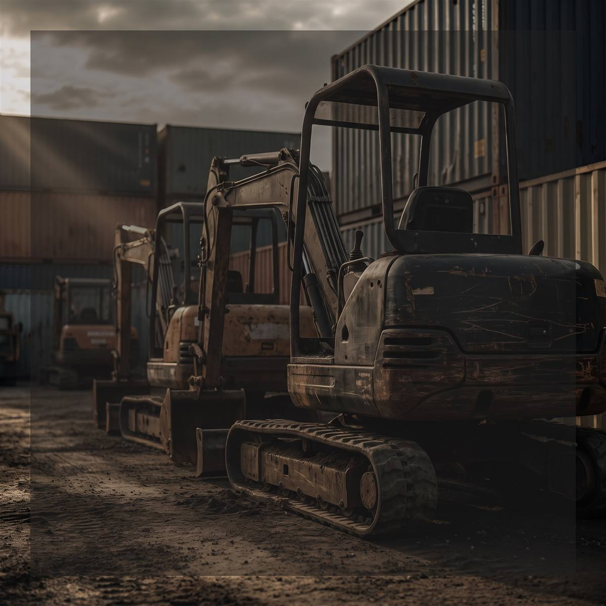 Row of imported Chinese mini excavators parked beside shipping containers at dusk