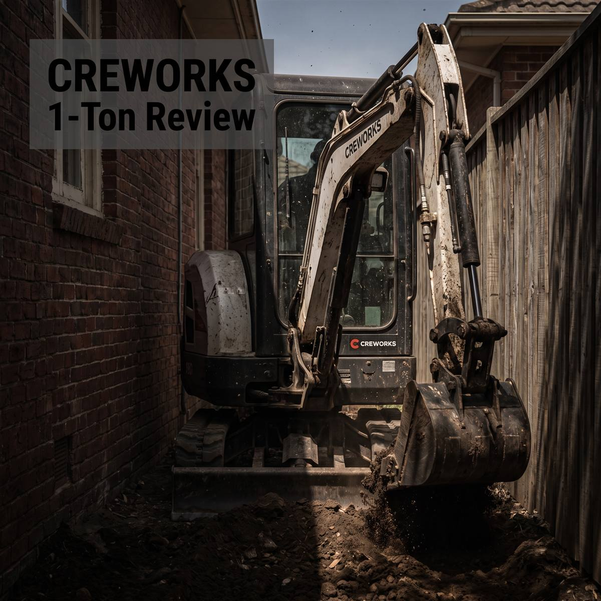 CREWORKS 1 ton mini excavator digging in a narrow side yard between a brick house and a fence