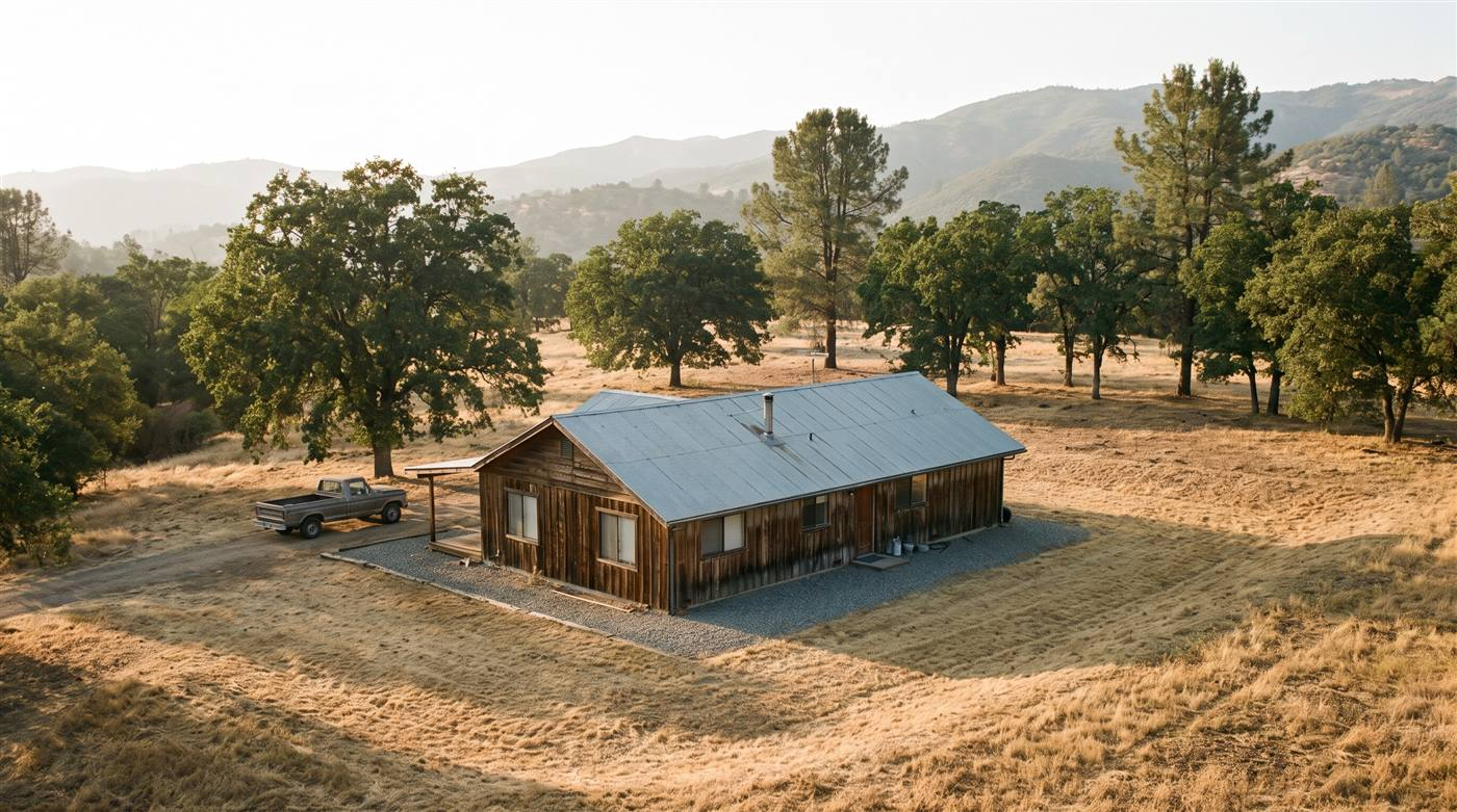 A rural home surrounded by mown dry grass with well-spaced oak trees beyond, on a California hillside at golden hour