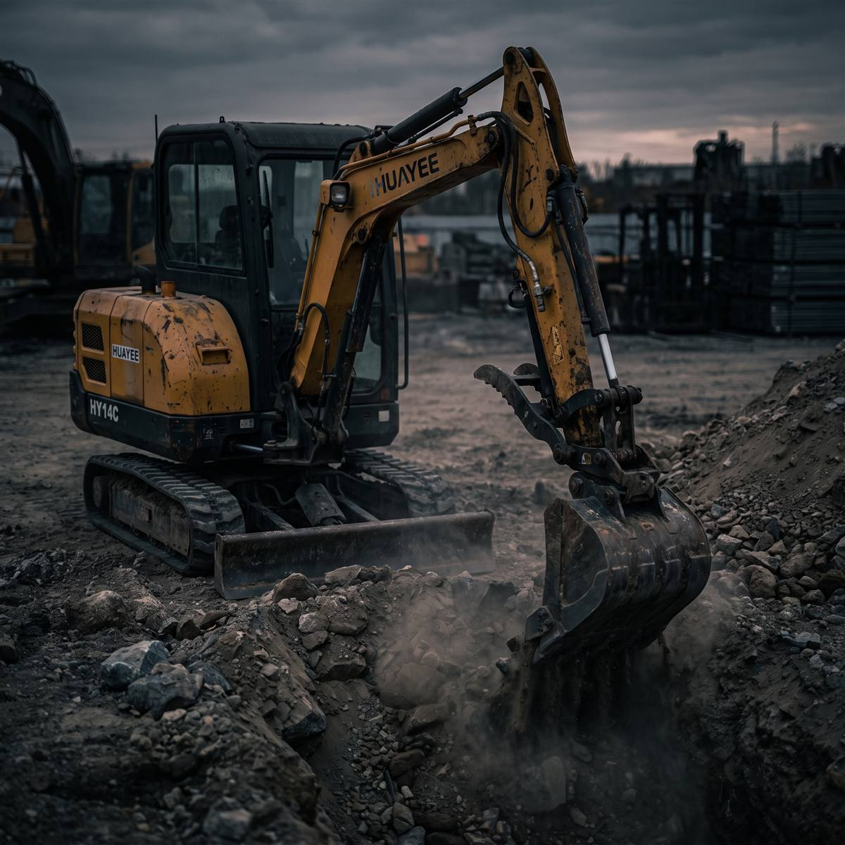 Huayee HY14C 1.4 ton mini excavator digging into rocky ground with its blade lowered