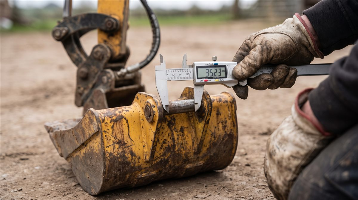 Gloved hand measuring the bucket pin diameter on a mini excavator with a metric digital caliper, detached bucket and dipper arm on dirt.