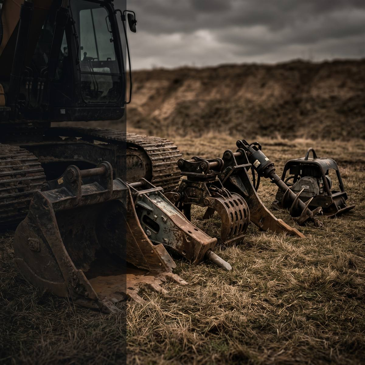 Mini excavator attachments lined up in a field including bucket, hydraulic breaker, grapple and auger