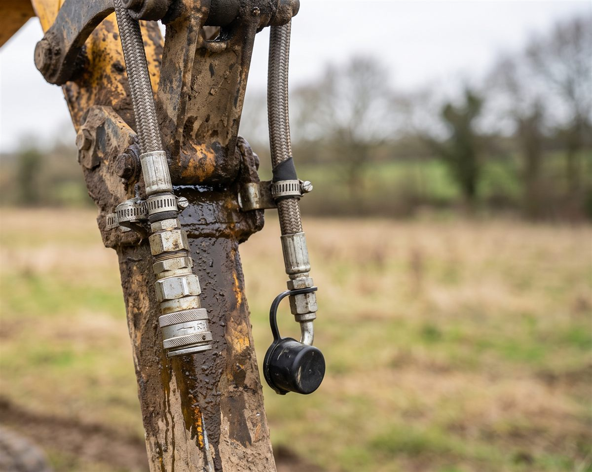 Auxiliary hydraulic lines at the end of a mini excavator dipper arm ending in flat-face quick-connect couplers, one capped and one connected.