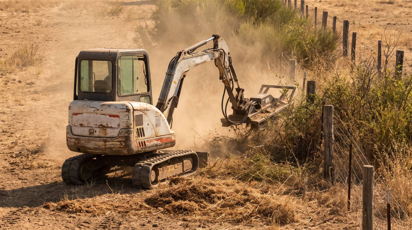 A weathered mini excavator fitted with a brush cutter head clearing overgrown brush along a wire fence line in dusty afternoon light