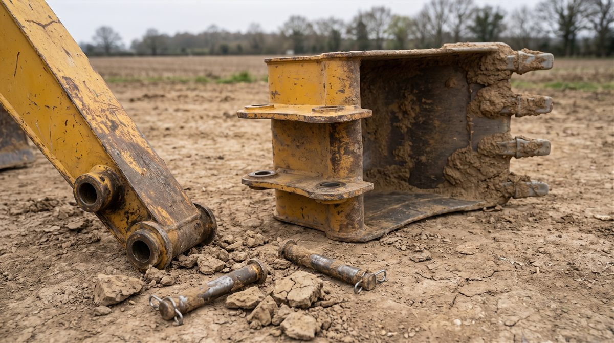 Detached mini excavator bucket showing its two mounting ears and pin holes beside the dipper arm pin bosses, with loose pins and retaining clips on the ground.