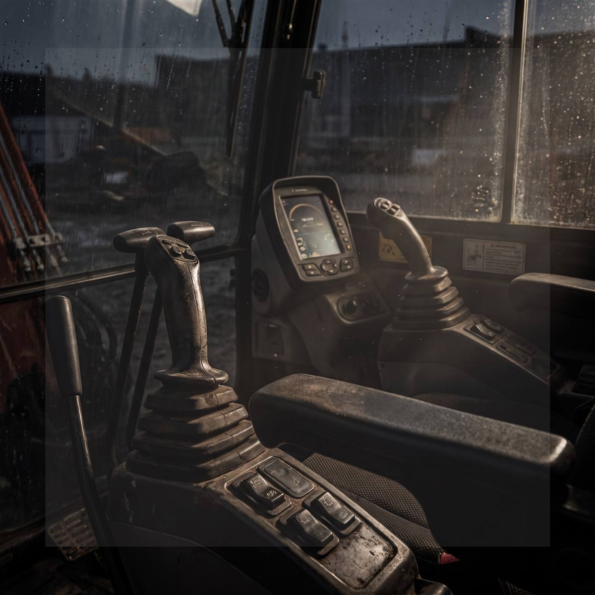Mini excavator cab interior showing the two hydraulic joystick controls and display screen