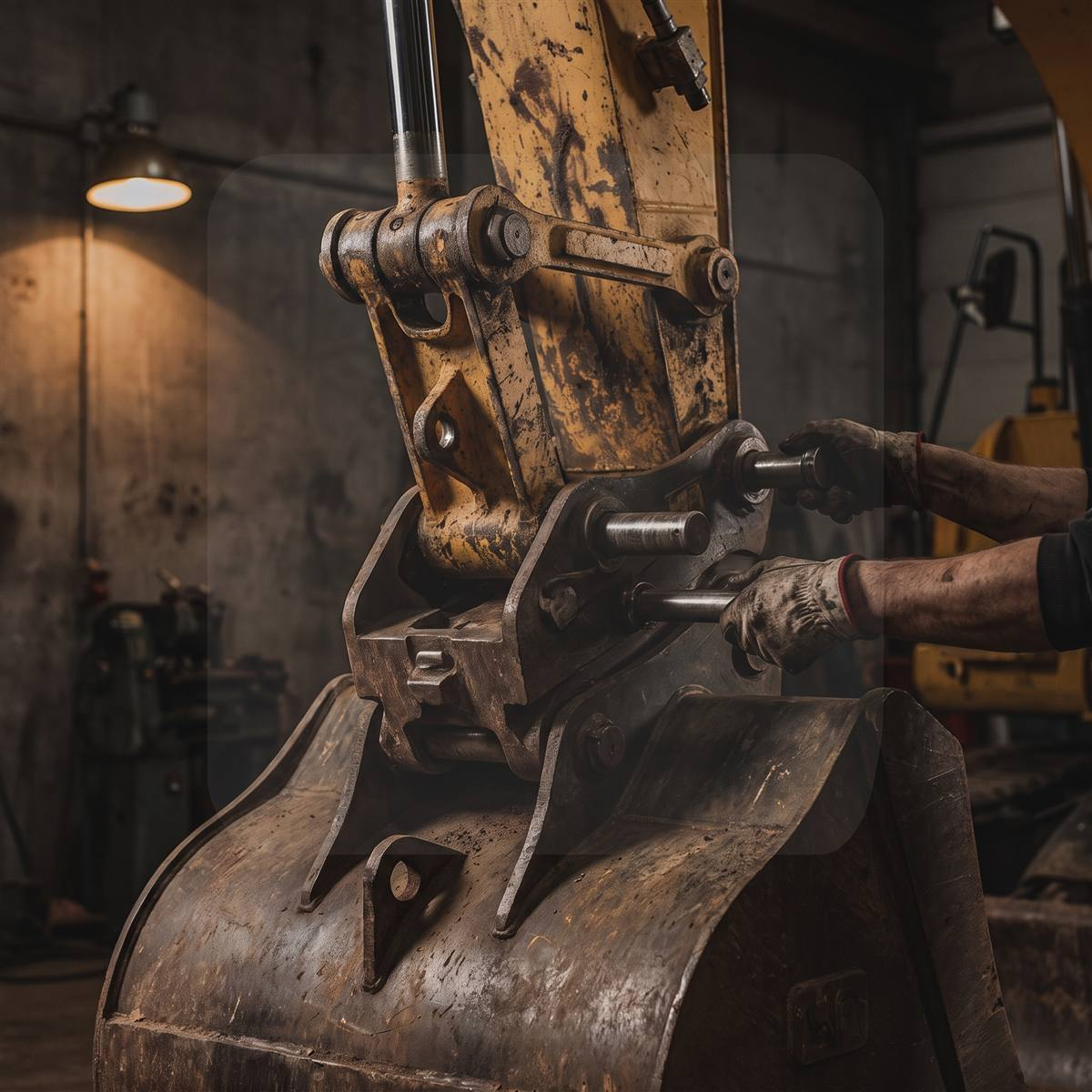 Gloved hands fitting coupler pins to attach a bucket to a mini excavator arm in a workshop