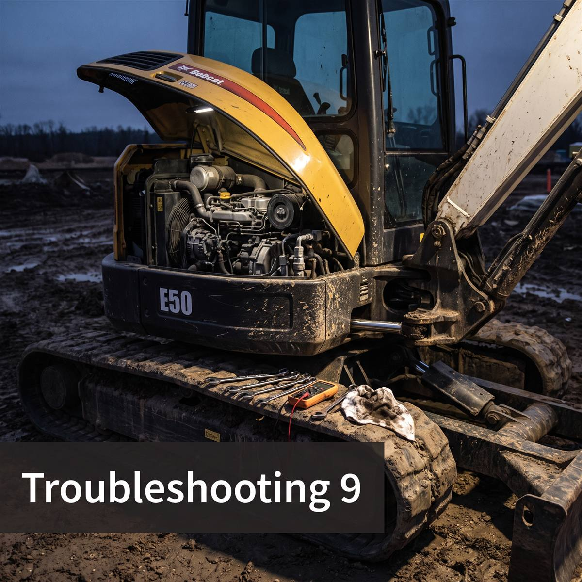 Mini excavator with the engine hood open and wrenches and a multimeter laid out for troubleshooting