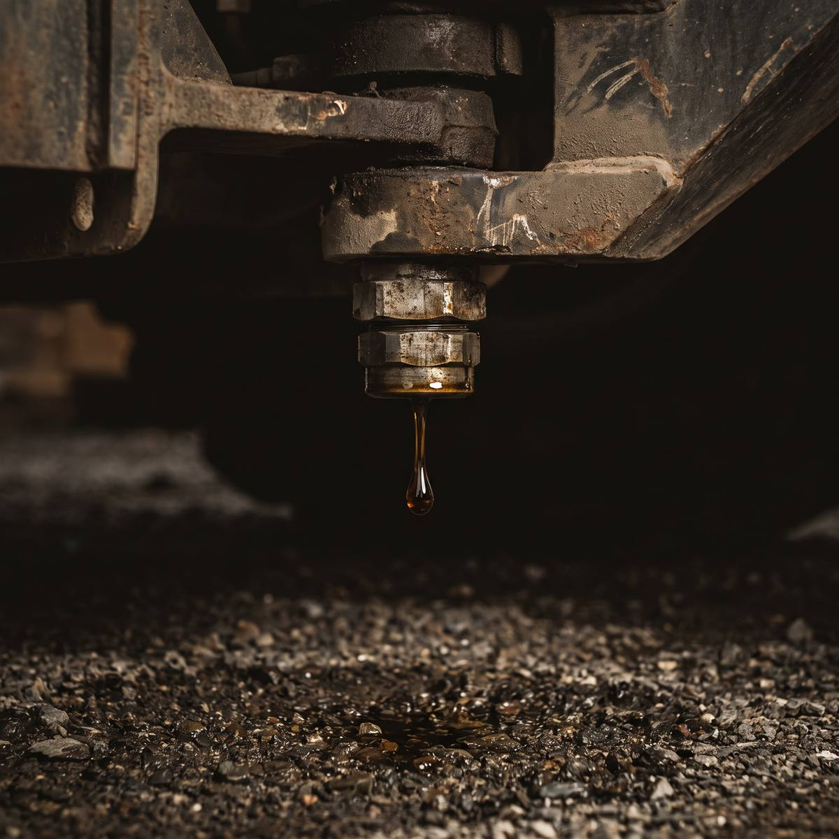Hydraulic fluid dripping from a fitting underneath a mini excavator onto gravel