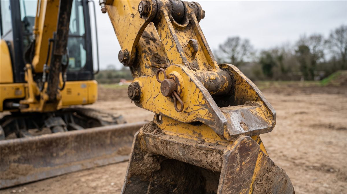 Mechanical quick coupler fitted to a mini excavator dipper arm with a bucket engaged, locking pin and retaining clip clearly visible.
