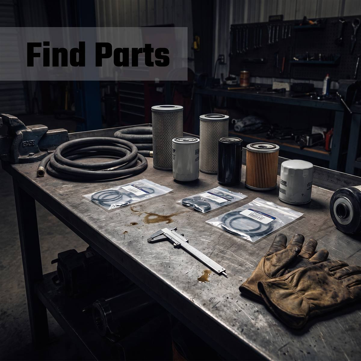 Mini excavator replacement parts on a workbench including filters, hydraulic hose, seal kits and calipers