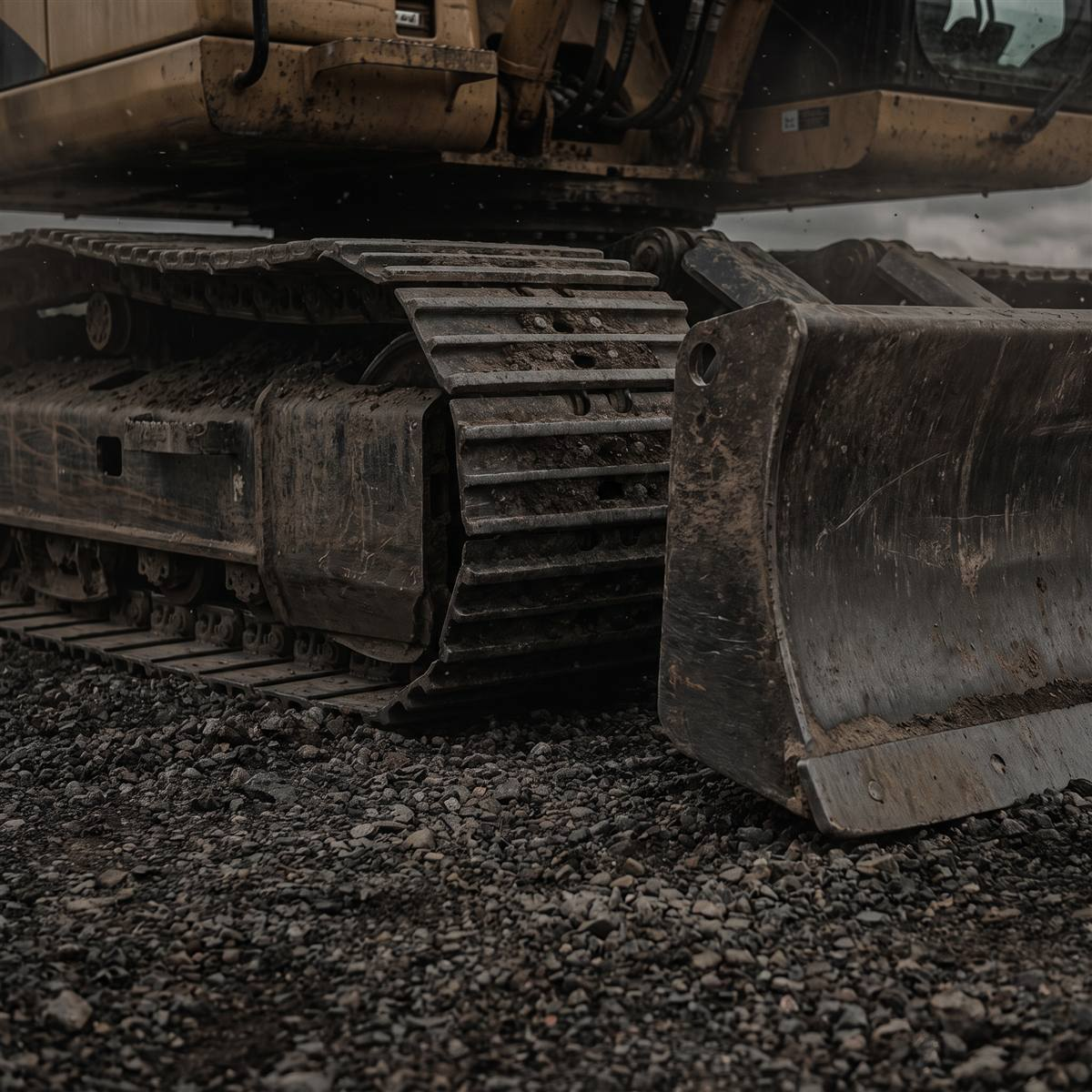 Close-up of worn mini excavator rubber tracks and dozer blade resting on gravel