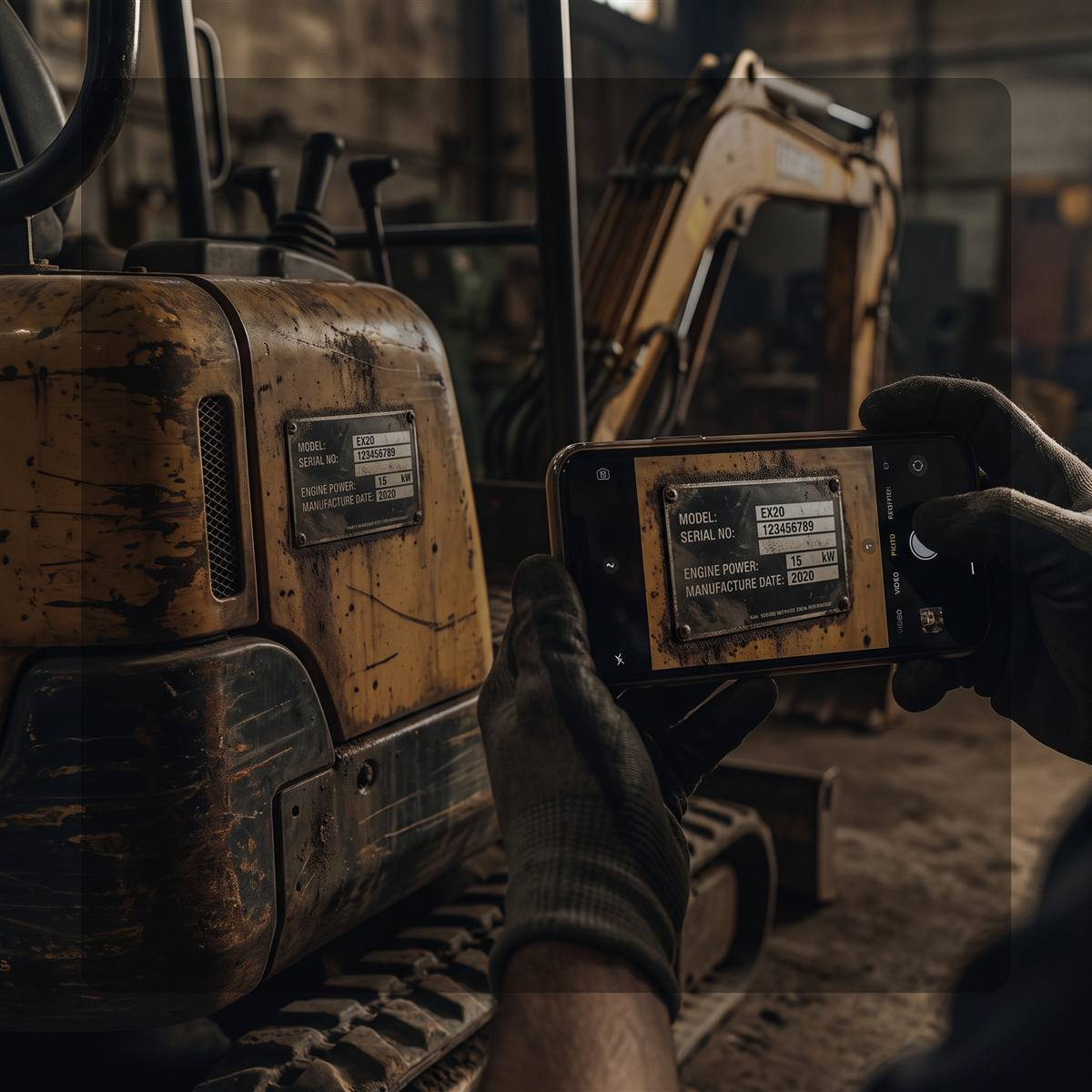 Operator photographing a mini excavator serial number plate with a phone to identify parts