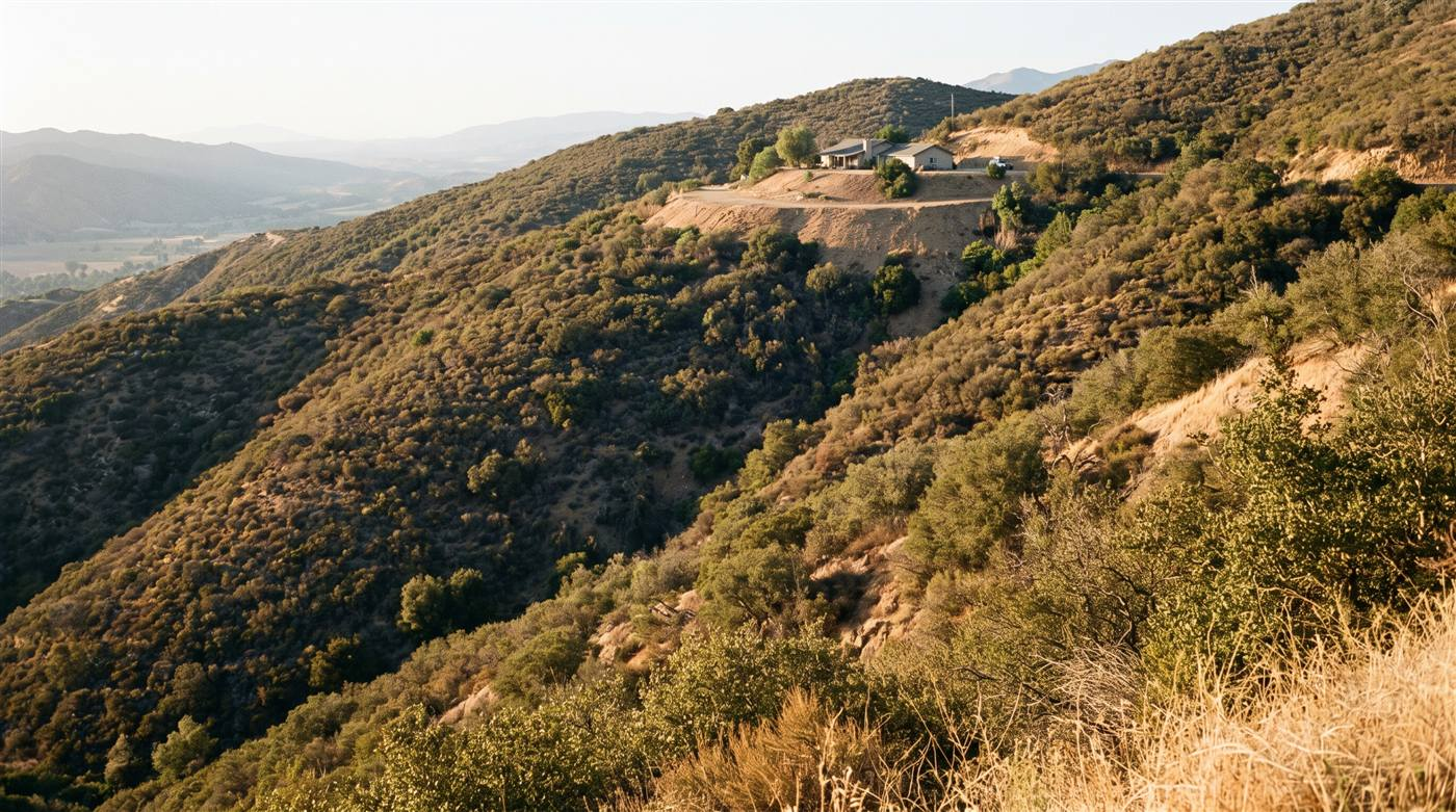 A house sitting on a ridge crest with dense unbroken chaparral running up the steep slopes on every side toward it