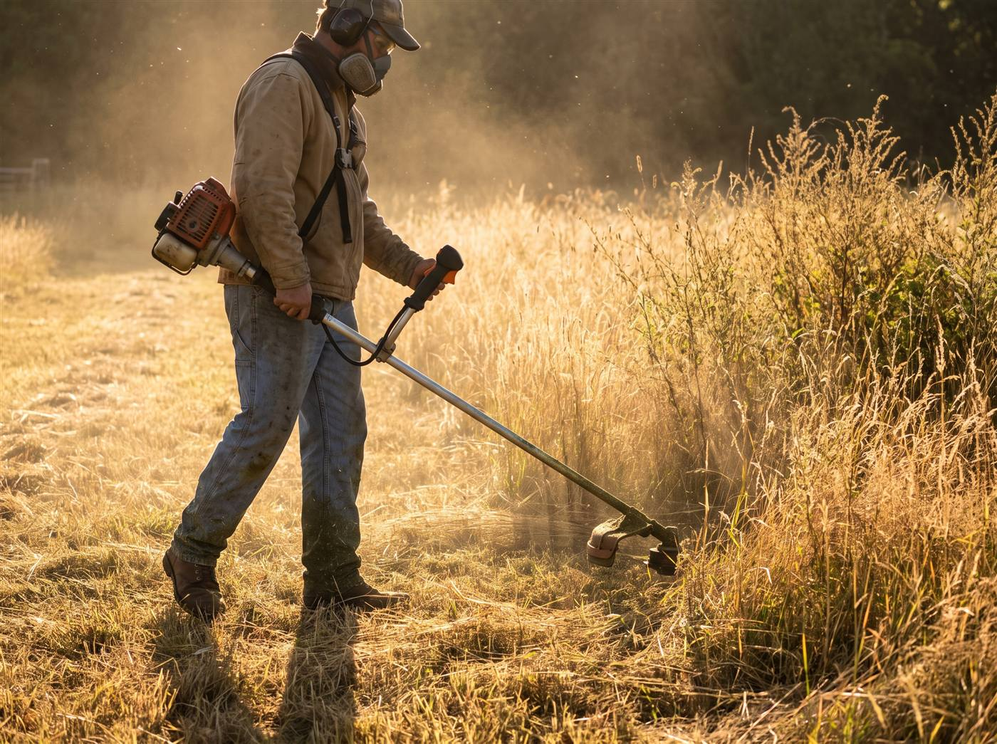 A worker in ear protection and a dust mask cutting tall dry grass with a string trimmer in low morning light