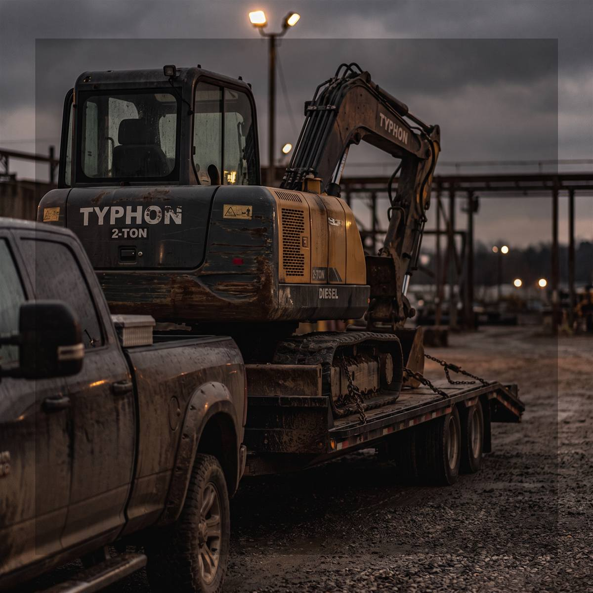 TYPHON 2 ton diesel mini excavator chained down on an equipment trailer behind a pickup truck